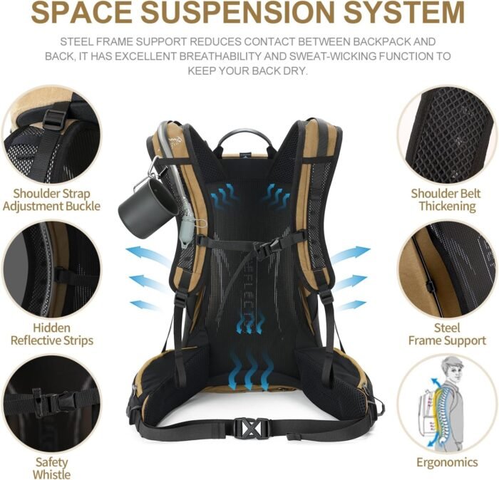 Hiking Backpack, Waterproof Hiking Daypack with 3L Water Bladder and Rain Cover, Lightweight Travel Camping Backpack for Men Women (Khaki) - Image 5