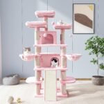 Allewie 68 Inches Cat Tree/House and Towers for Big Feline/Scratching Post/Multi-Level Large Kitty Climbing Tree with Condo/Pink - Image 3