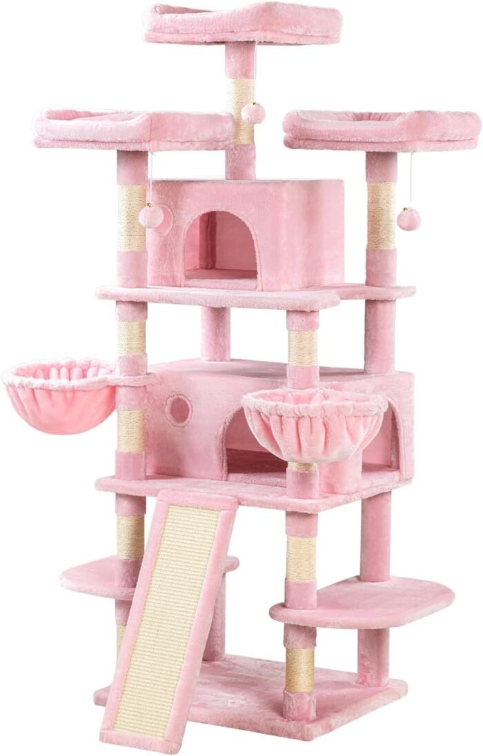 Allewie 68 Inches Cat Tree/House and Towers for Big Feline/Scratching Post/Multi-Level Large Kitty Climbing Tree with Condo/Pink - Image 10