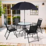 Shintenchi 6 Piece Patio Dining Set with Umbrella, Outdoor Furniture Set with 4 Folding Chairs and Tempered Glass Top Dining Table fot Lawn Backyard Garden Porch Black - Image 3