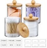 4 Pack Qtip Holder Dispenser with Bamboo Lids - 10 oz Clear Plastic Apothecary Jar Containers for Vanity Makeup Organizer Storage - Bathroom Accessories Set for Cotton Swab, Ball, Pads, Floss - Image 3