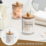 4 Pack Qtip Holder Dispenser with Bamboo Lids - 10 oz Clear Plastic Apothecary Jar Containers for Vanity Makeup Organizer Storage - Bathroom Accessories Set for Cotton Swab, Ball, Pads, Floss - Image 5