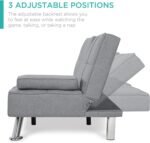 Best Choice Products Linen Modern Folding Futon, Reclining Sofa Bed for Apartment, Dorm w/Removable Armrests, 2 Cupholders - Gray - Image 5