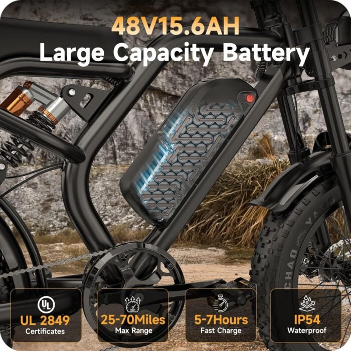 Electric Bike for Adults - 20 x 4 Inch Fat Tire, 750W/Peak 1500W Motor, 48V15AH Detachable Battery, 4 Riding Modes Electric Dirt Bike, 7 Speed Electric Motorcycle, 28MPH UL 2849 Certified - Image 3