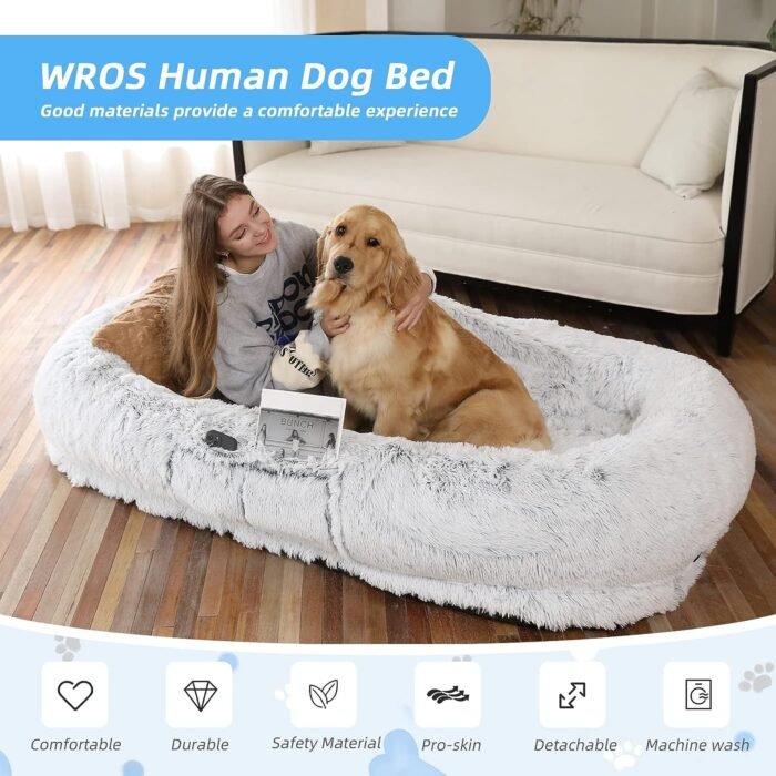 Human Dog Bed - 71"x45"x12" Fits You & Pets, Washable Faux Fur, Orthopedic, Plump Pillow, Blanket, Strap - Grey - Image 3