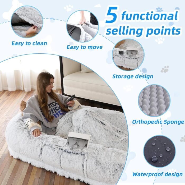 Human Dog Bed - 71"x45"x12" Fits You & Pets, Washable Faux Fur, Orthopedic, Plump Pillow, Blanket, Strap - Grey - Image 4