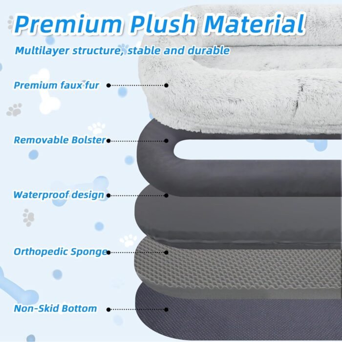 Human Dog Bed - 71"x45"x12" Fits You & Pets, Washable Faux Fur, Orthopedic, Plump Pillow, Blanket, Strap - Grey - Image 5