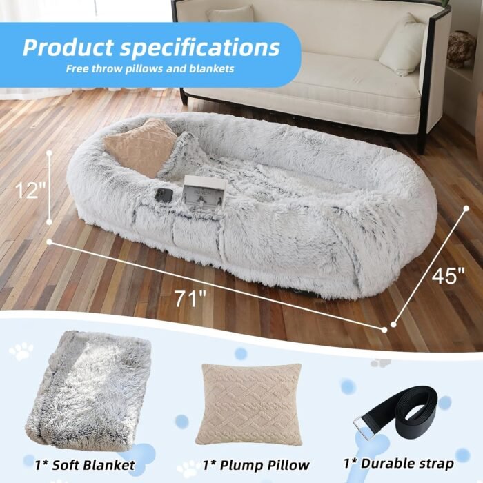 Human Dog Bed - 71"x45"x12" Fits You & Pets, Washable Faux Fur, Orthopedic, Plump Pillow, Blanket, Strap - Grey - Image 6