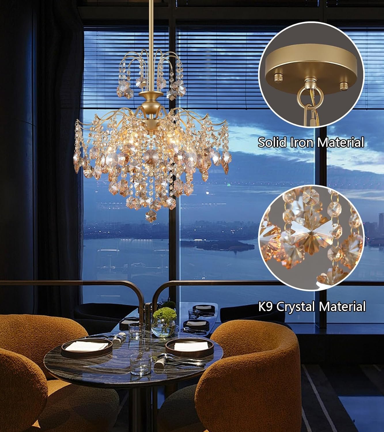 Q&S Modern Gold Crystal Chandelier Amber Crystal Pendant Light 6 Lights for Bedroom Dining Room Entryway Hallway Office Bathroom UL Listed - Image 4