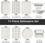11-Piece Non-Toxic Baking Set, Stackable Nonstick Cookware with Heat-Resistant Handles - Includes Cookie Tray, Round Cake Pan, Muffin Cups, Pizza Pan & Loaf Baker, White&Light Green - Image 3