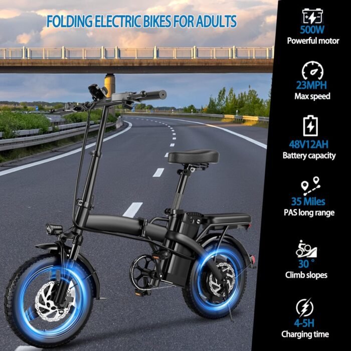 Foldable Electric Bike for Adults and Teens, 500W Motor | 14" Folding Mini Ebike | 23MPH Commuting Electric Bicycle | 48V 12Ah Battery | UL 2849 Certified | 35 Miles PAS Range | 3-Level Pedal Assist - Image 3