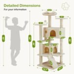 DUMOS 54-inch Indoor Cat Tree Tower –Multi-Level Pet House for Large Cats with 2 Condos, Scratching Posts, Round Platform, Small Ladder, and Toys, Beige - Image 3