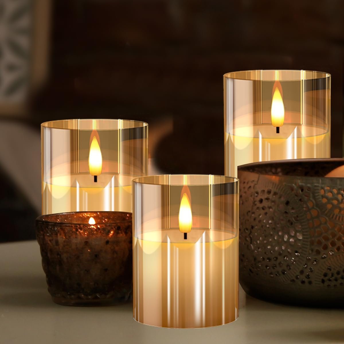 Glass Battery Operated LED Flameless Candles with Remote and Timer, Real Wax Candles Warm Color Flickering Light for Festival Wedding Home Party Decor(Pack of 3)-Gold - Image 3