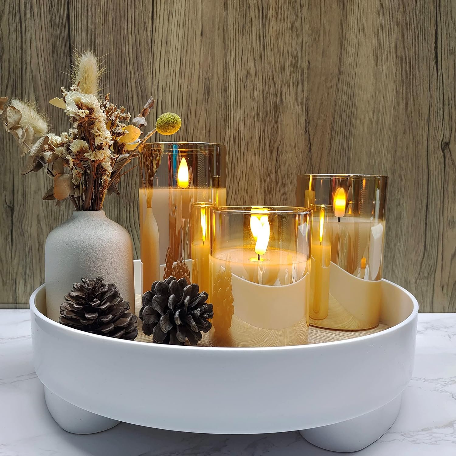 Glass Battery Operated LED Flameless Candles with Remote and Timer, Real Wax Candles Warm Color Flickering Light for Festival Wedding Home Party Decor(Pack of 3)-Gold - Image 4