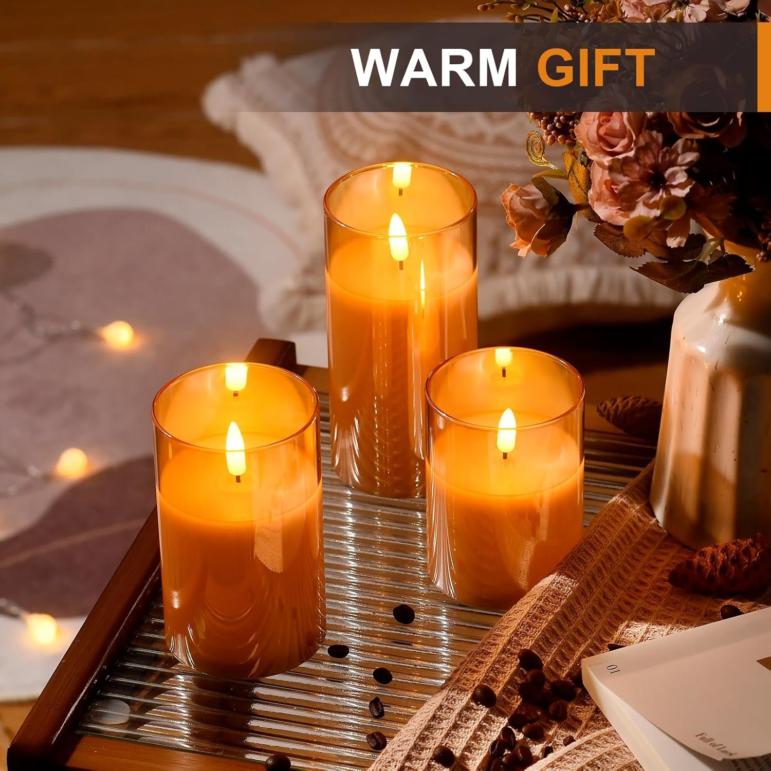 Glass Battery Operated LED Flameless Candles with Remote and Timer, Real Wax Candles Warm Color Flickering Light for Festival Wedding Home Party Decor(Pack of 3)-Gold - Image 5