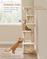 Feandrea Cat Tree, 65-Inch Tall Cat Tower, Multi-Level Cat Condo with Cave, Basket, Hammock, Pompom, Scratching Posts, Almond Yellow UPCT118Y01 - Image 5