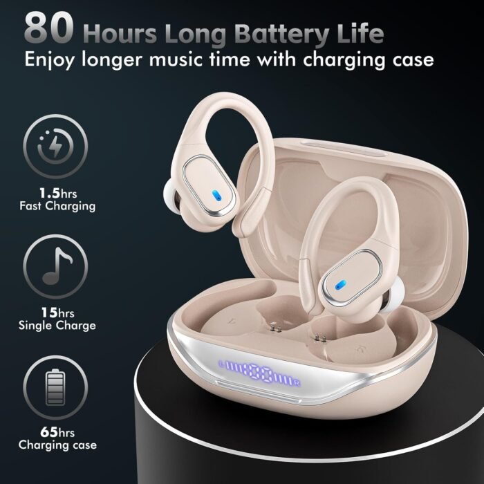 Wireless Earbuds Bluetooth 5.3 Headphones with 80H Playback, IPX7 Waterproof Over Ear Buds with LED Power Display for Sports Running Workouts (Khaki) - Image 3