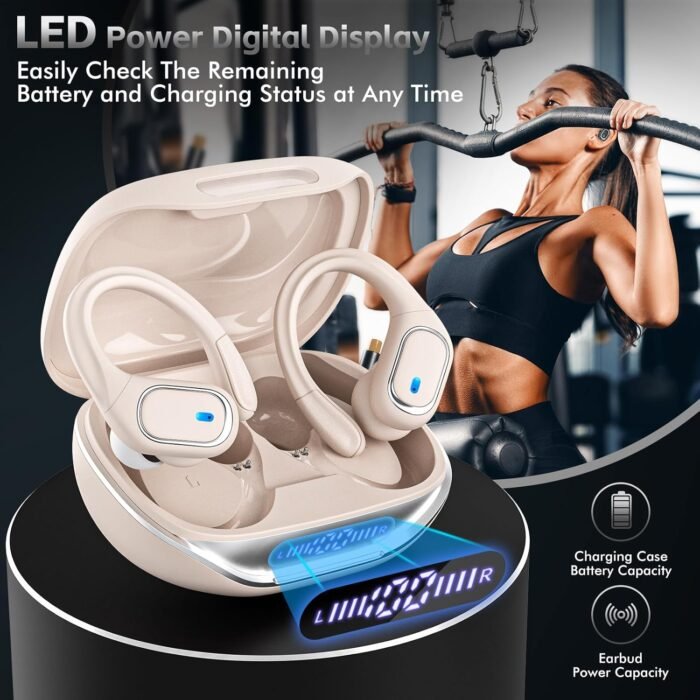 Wireless Earbuds Bluetooth 5.3 Headphones with 80H Playback, IPX7 Waterproof Over Ear Buds with LED Power Display for Sports Running Workouts (Khaki) - Image 8
