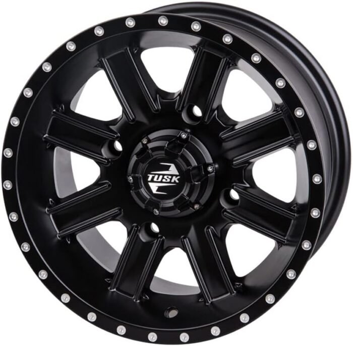 Four 28x10-14 Tusk TERRABITE 8-Ply Radial UTV Tires mounted on Tusk CASCADE Wheels - For POLARIS applications - 4/156 bolt pattern - Includes Lug Nuts (4+3 Wheel Offset, Matte Black) - Image 3
