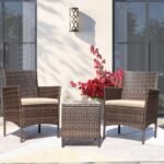 Greesum 3 Pieces Patio Furniture Sets Outdoor PE Rattan Wicker Chairs with Soft Cushion and Glass Coffee Table for Garden Backyard Porch Poolside, Brown and Beige - Image 3