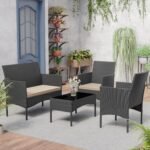 Kurapika Patio Furniture Set 4 Pieces Outdoor Wicker Rattan Chairs Conversation Sets w/Coffee Table, Rocking Bistro Set, for Deck,Patio,Backyard,Lawn (Sand) - Image 4