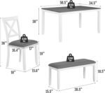 6-Piece Solid Wood Dining Table Set, Including 1 Dining Table, 4 Upholstered Chairs and 1 Bench, Wooden Legs Dining Table Set for Dining Room, Kitchen, Restaurant, White - Image 3