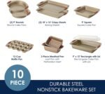 Rachael Ray Cucina Nonstick Bakeware Set Baking Cookie Sheets Cake Muffin Bread Pan, 10 Piece, Latte Brown with Cranberry Red Grips - Image 3
