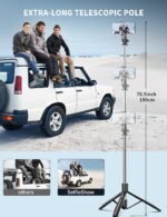 71" Phone Tripod & Selfie Stick, All in One Extendable Cell Phone Tripod with Wireless Remote, Tripods Stand for iPhone & Travel Selfie Stick 360° Rotation Compatible with iPhone Android, Camera - Image 3