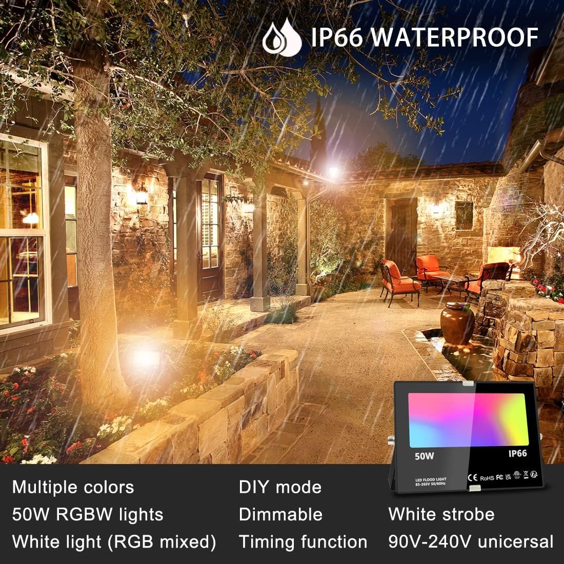 MELPO Led Flood Light 500W Equivalent, RGBW Led Outdoor Lights Colored Floodlight with Remote,50W,5000ML 2700K,120 Colors, Timing, Dimmable, Custom Modes, Landscape Lighting (4 Pack) - Image 3