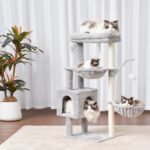 Heybly Cat Tree, 39.4 Inches Tower Condo with Scratching Post, Cat Tower for Indoor Cats, Fully Wrapped Sisal Pole, Soft Platform, 2 Baskets and Dangling Toy, Light Gray HCT006SW - Image 3