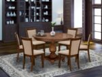 East West Furniture F2MZ7-N04 7 Piece Dining Room Furniture Set Consist of a Round Dining Table with Pedestal and 6 Light Tan Linen Fabric Upholstered Chairs, 48x48 Inch, Antique Walnut - Image 3