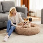 Sweetcrispy Calming Donut Dog & Cat Bed, Machine Washable Cuddle Warming Cozy Fluffy Faux Fur Plush Round Anti-Anxiety Waterproof Anti-Slip Pet Sleeping Sofa, Olive Brown, 24x24x8 inches - Image 8