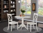 East West Furniture DLBO3-WHI-W 3 Piece Dining Room Table Set Contains a Round Kitchen Table with Dropleaf and 2 Dining Chairs, 42x42 Inch, Linen White - Image 3