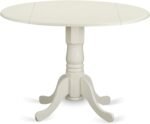 East West Furniture DLBO3-WHI-W 3 Piece Dining Room Table Set Contains a Round Kitchen Table with Dropleaf and 2 Dining Chairs, 42x42 Inch, Linen White - Image 4