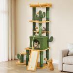 DWVO Cactus Cat Tree for Large Cats: 60" Tall with Self-Grooming Brush, Cute Kitten Climbing Tower for Indoor Kittens with Cat Condo, Top Perch, Basktet, Sisal Scratching Posts, Dangling Ball - Image 4