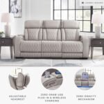 Signature Design by Ashley Boyington Contemporary Leather Match Power Reclining Sofa with USB Charging Ports, LED Lights and Adjustable Headrest, Light Gray - Image 4