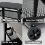 Black Outdoor Grill Cart with Wheels, Heavy-Duty 3-Tier BBQ Prep Table for Pizza Oven, Griddle, Patio – Rustproof Commercial Kitchen Cart with Tool Hooks - Image 5