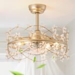 20 Inch Gold Caged Ceiling Fan with Light, Flower Chandelier Ceiling Fan with Lights Remote Control, Frower Crystal Fandelier 6 Speeds for Girl's Bedroom, Living Room - Image 2