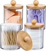 4 Pack Qtip Holder Dispenser with Bamboo Lids - 10 oz Clear Plastic Apothecary Jar Containers for Vanity Makeup Organizer Storage - Bathroom Accessories Set for Cotton Swab, Ball, Pads, Floss - Image 2