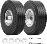 4.10/3.50-4 Tire & Wheel Flat Free, 2 Pcs Heavy Duty Solid PU Non-inflated Tires with Double Sealed Bearings, 5/8 in Axle Bore Hole & 2.15 in Offset Hub for Dolly/Garden Cart/Wheelbarrow/Wagon - Image 2