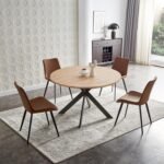 46.4" Round Dining Table Set, Mid Century Modern Round Dining Table for 4-6 Person, w/Steel Legs, Coffee Table for Kitchen Dining Room, Office, Save Space (1 Table with 4 Brown Chairs) - Image 2