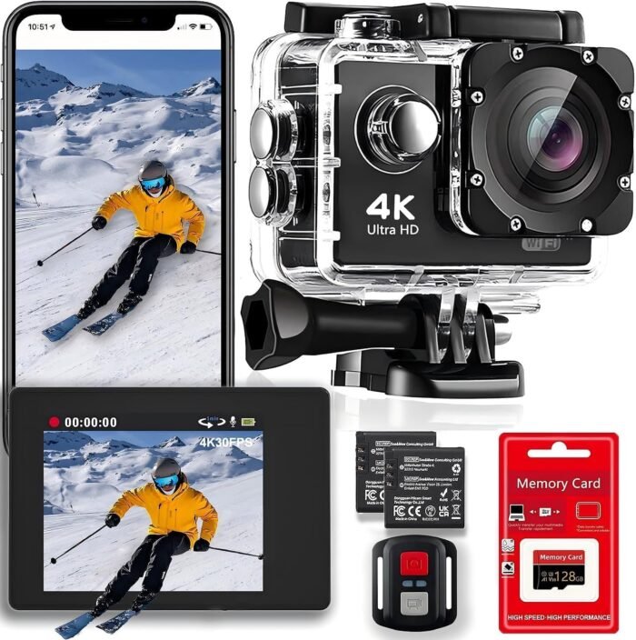 4K 30FPS WiFi Action Camera with 128GB Memory Card- 98FT Waterproof Ultra HD Underwater Camera, 170° Wide Angle 2.0" Screen, Sports Camera with 2 Batteries, Mounting Accessories Kit (4k cam) - Image 2