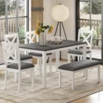 6-Piece Solid Wood Dining Table Set, Including 1 Dining Table, 4 Upholstered Chairs and 1 Bench, Wooden Legs Dining Table Set for Dining Room, Kitchen, Restaurant, White - Image 2