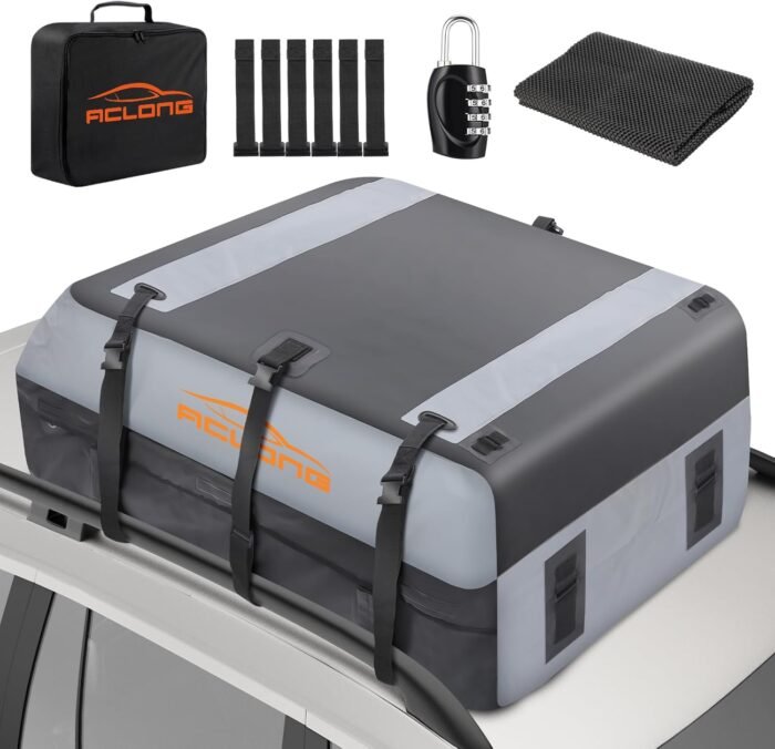 ACLONG 21 Cubic Feet Car Roof Bag 840D Waterproof Rooftop Cargo Carrier Bag for All Cars with/Without Racks Includes Anti-Slip Mat Storage Bag Combination Lock 6 Door Hooks - Image 2