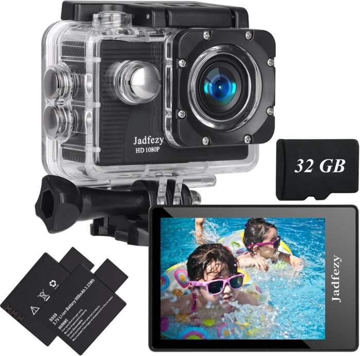 Action Camera FHD 1080P with 32GB Card, 98FT/30M Underwater Waterproof Camera with 2 Rechargeable Batteries, Wide Angle Sports Camera with Accessories Kit Suitable for Helmet, Bicycle, etc. - Image 2
