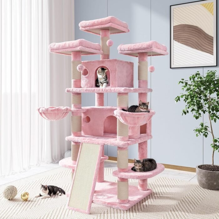 Allewie 68 Inches Cat Tree/House and Towers for Big Feline/Scratching Post/Multi-Level Large Kitty Climbing Tree with Condo/Pink - Image 2