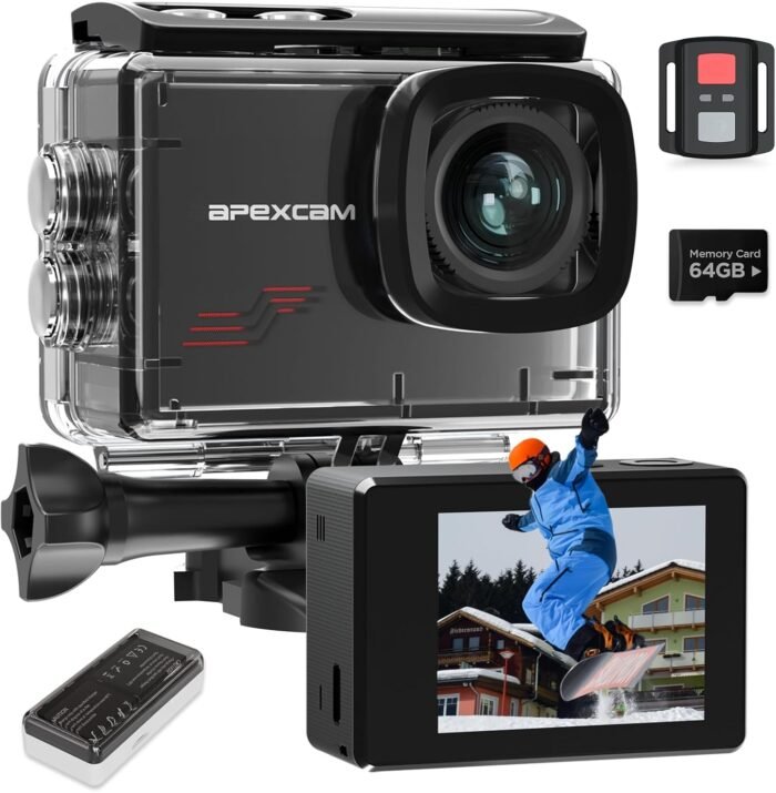Apexcam Action Camera 4K with 64GB Card, HD 60FPS 48MP Sports Camera for Vlogging, 40M Waterproof Camera Underwater, 170 ° Wide Angle WiFi Camcorder, 8X Zoom, Remote Control, Helmet Mount Accessories - Image 2