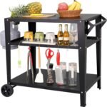 Black Outdoor Grill Cart with Wheels, Heavy-Duty 3-Tier BBQ Prep Table for Pizza Oven, Griddle, Patio – Rustproof Commercial Kitchen Cart with Tool Hooks - Image 2