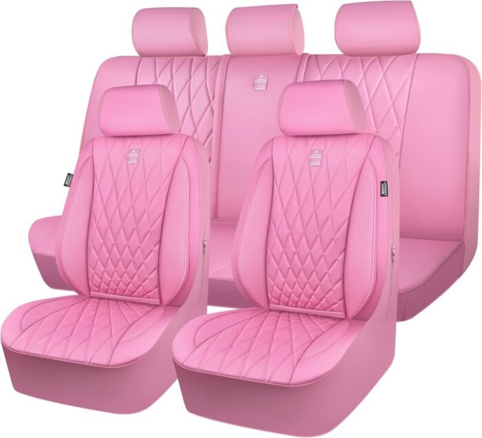 CAR PASS 5 Seats Piping Luxury Leather Seat Covers Full Set, Anti-Slip Waterproof Seat Covers Compatible with Front Armrests, Universal Fit for Suvs,Vans,Trucks,Airbag Compatible, Pure Pink - Image 2