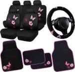 CAR PASS Universal Cloth Butterfly Car Seat Covers Full Set, Embroidered Flower Waterproof Car Floor Mats Carpet, Butterflies Steering Wheel Cover for Car Accessories Interior Sets (Black and Pink) - Image 2